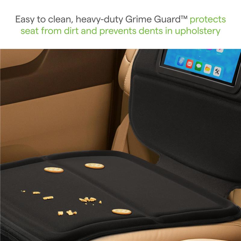 Heavy-duty black Munchkin Elite Seat Guardian protecting a car seat, with crumbs and snacks visible on it.