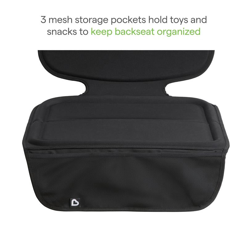 Munchkin Elite Seat Guardian features a black design with three mesh pockets for holding toys and snacks, keeping the backseat organized.