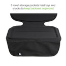 Munchkin Elite Seat Guardian features a black design with three mesh pockets for holding toys and snacks, keeping the backseat organized.