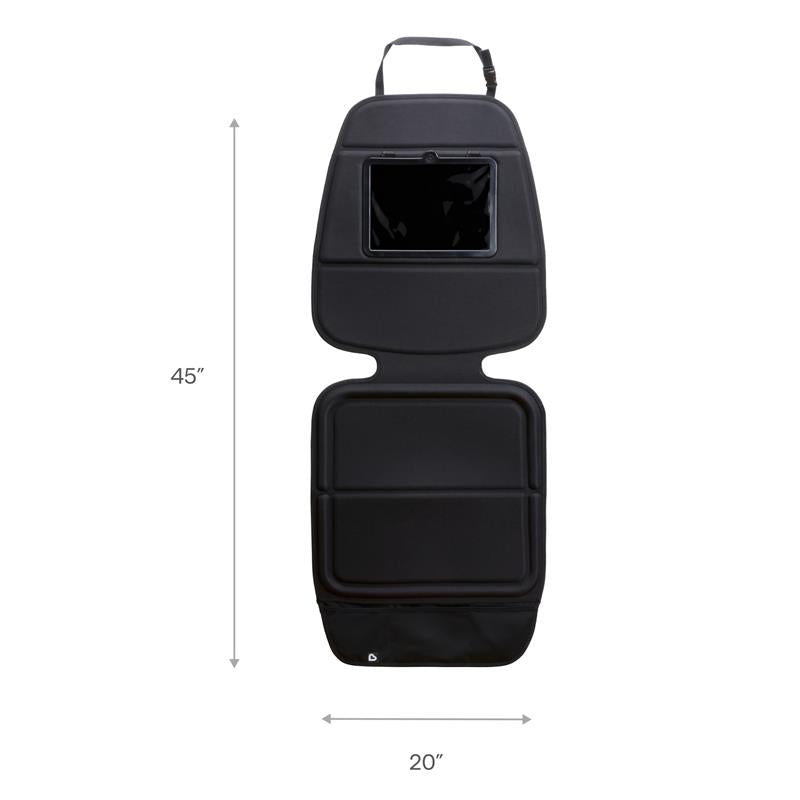 Munchkin Elite Seat Guardian features a sleek black design with a tablet holder, measuring 45 inches by 20 inches.
