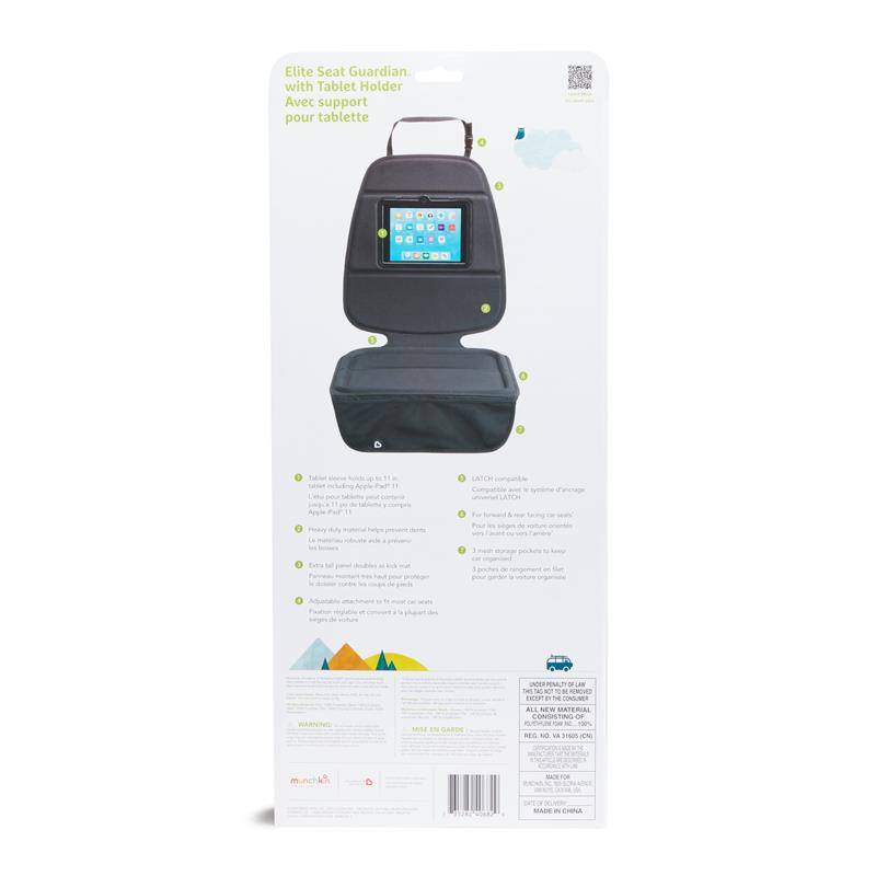 Munchkin Elite Seat Guardian with Tablet Holder, featuring a tablet compartment and storage pockets, designed for vehicle use.