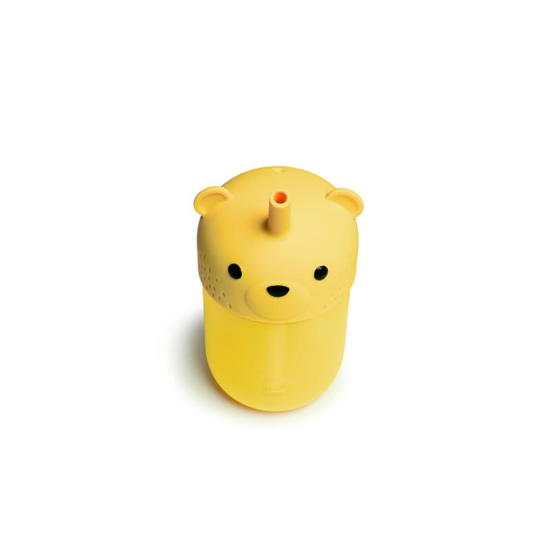 Yellow Munchkin Gentle Transition Honey Bear straw cup featuring a bear face design with an orange straw, designed for babies.