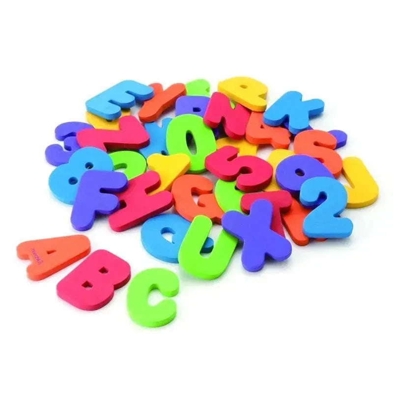 Colorful foam letters and numbers in various shapes and sizes, featuring characters like A, B, C, and 2, suitable for learning.