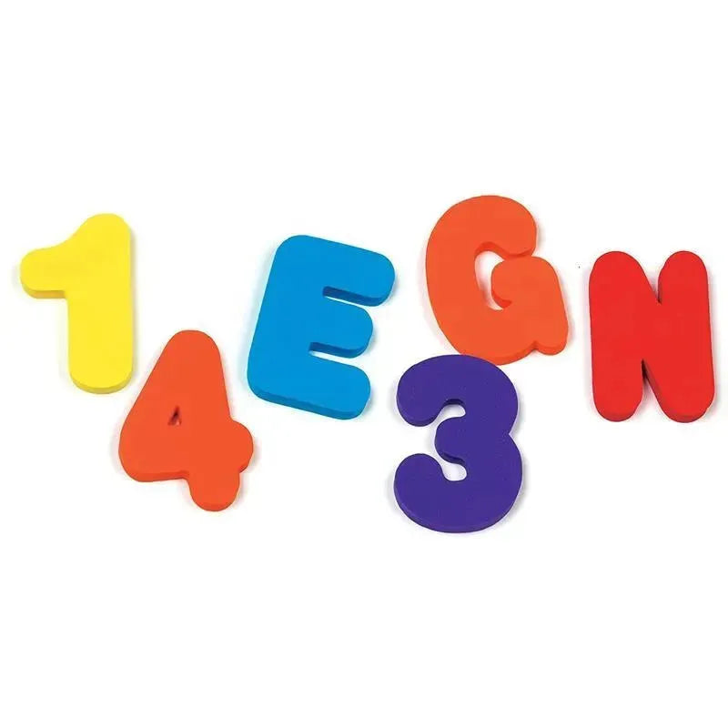 Colorful foam letters and numbers, including 1, 3, 4, E, G, N, in various bright colors for educational bath play.