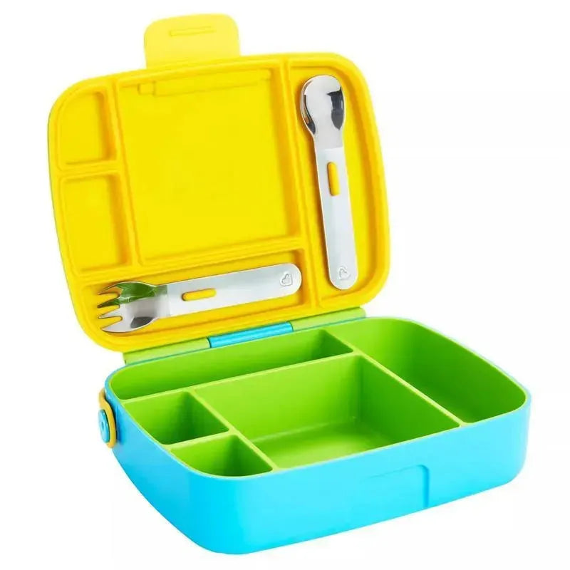 Bento box in green and yellow with multiple compartments and stainless steel utensils, perfect for lunch packing.
