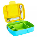 Bento box in green and yellow with multiple compartments and stainless steel utensils, perfect for lunch packing.