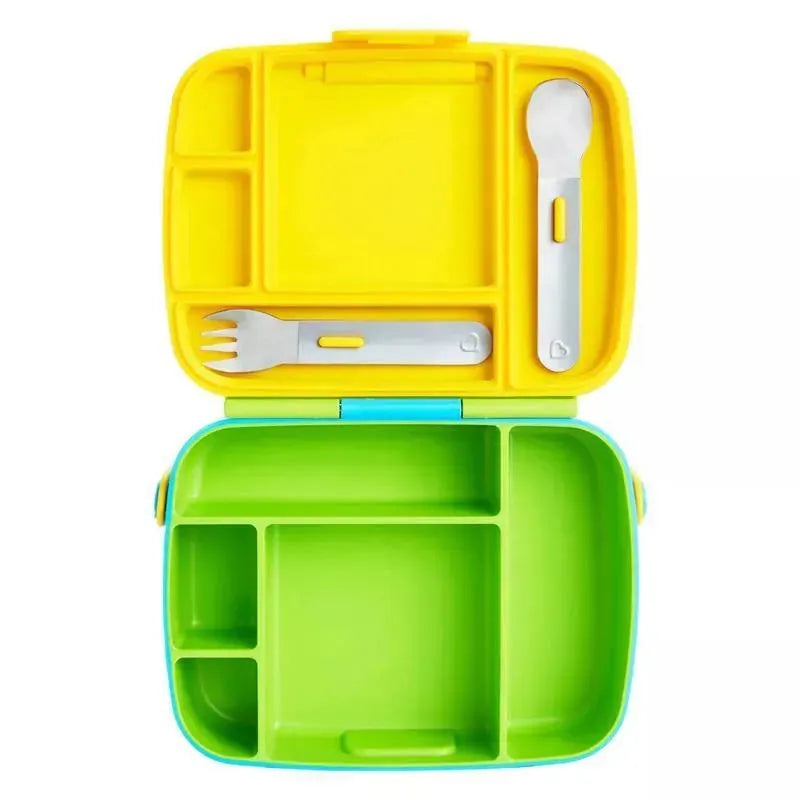 Bento box in green and yellow with stainless steel utensils, featuring multiple compartments for food storage.