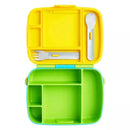 Bento box in green and yellow with stainless steel utensils, featuring multiple compartments for food storage.