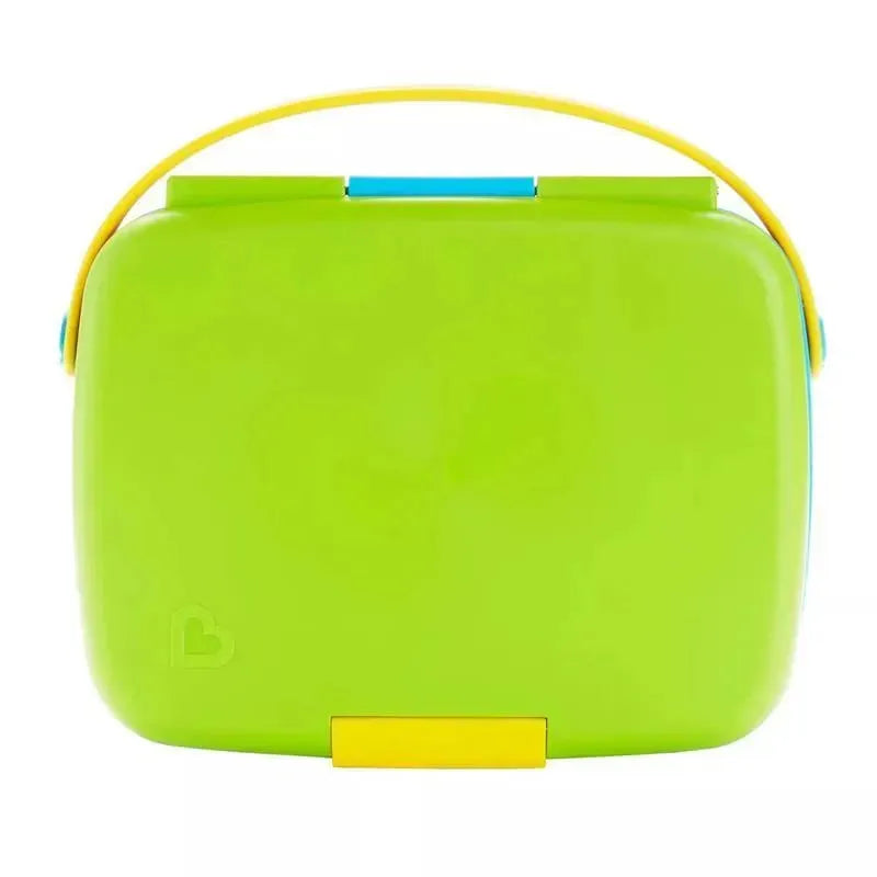 Green and yellow Munchkin Lunch Bento Box with a handle and a yellow latch, designed for food storage.