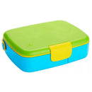 Bento box in green and yellow with a blue base, designed for packing lunch with included stainless steel utensils.