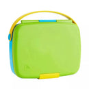 Lunch Bento Box in green and yellow with a blue handle, designed to store meals, includes stainless steel utensils.