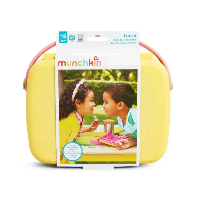 Munchkin Lunch Bento Box in yellow with pink handles, featuring two children playing with utensils and eating snacks.