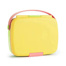 Bento box in yellow and pink with a handle, designed for lunch, includes stainless steel utensils.