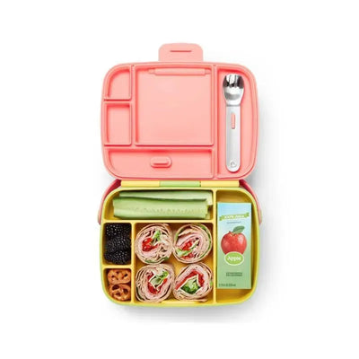 Bento box in yellow and pink with wrapped sandwiches, celery, blackberries, pretzels, and apple juice. Includes stainless steel utensils.