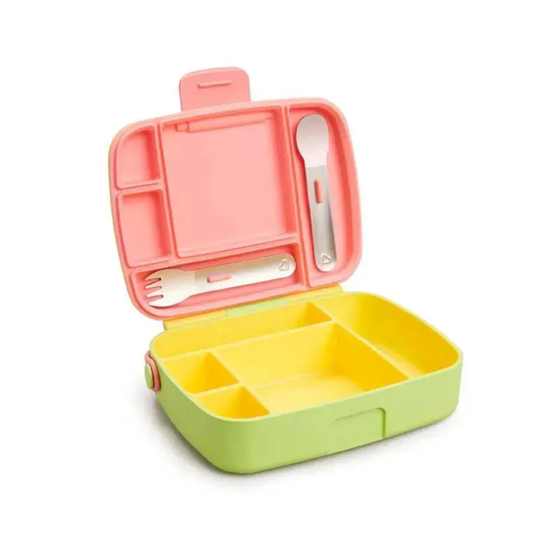 Bento box in yellow and pink with multiple compartments and stainless steel utensils inside, designed for food storage.