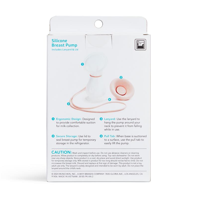 Clear and pink Munchkin manual breast pump with ergonomic design, lanyard, lid, and usage instructions on packaging.