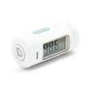 Mini infrared thermometer in white with digital display showing temperature of 98.6°F, designed for all ages.