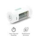 Mini infrared thermometer for babies and adults, displaying 98.6°F reading, emphasizing fast 1 second read and accuracy.