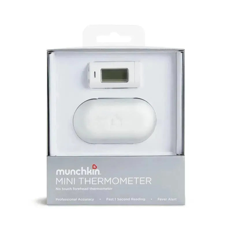 Munchkin Mini Infrared Thermometer for all ages, includes a no-touch thermometer and travel case, offers fast 1-second readings.
