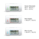 Digital infrared thermometer displaying temperature readings in green, red, and blue sections indicating normal, high, and low temperatures.