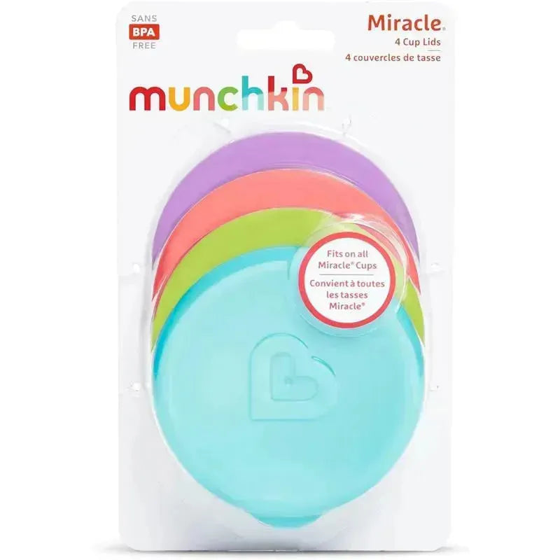 Munchkin Miracle 360 Cup lids in four colors (blue, green, pink, purple) packaged together for spill-proof use.