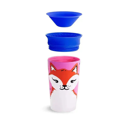 Munchkin Miracle 360° Deco Sippy Cup featuring a fox design, shown disassembled with blue silicone components on top.