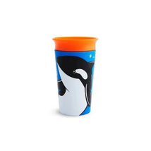 Munchkin Miracle 360° Deco Sippy Cup featuring a colorful design with a whale and an orange rim.