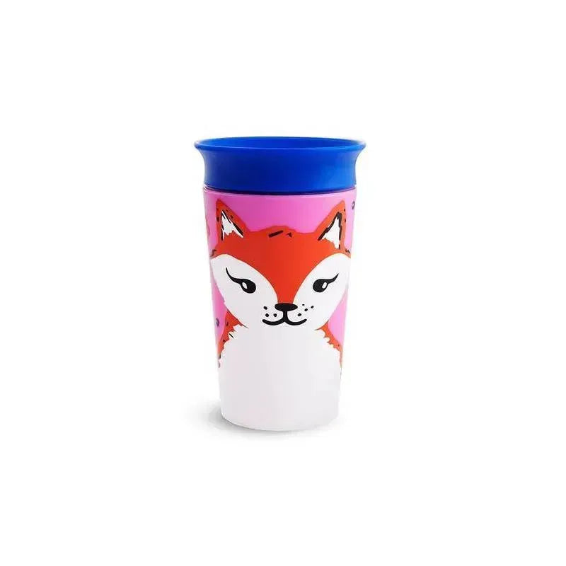 Munchkin Miracle 360° Deco Sippy Cup featuring a cute fox design with a blue top and pink background.