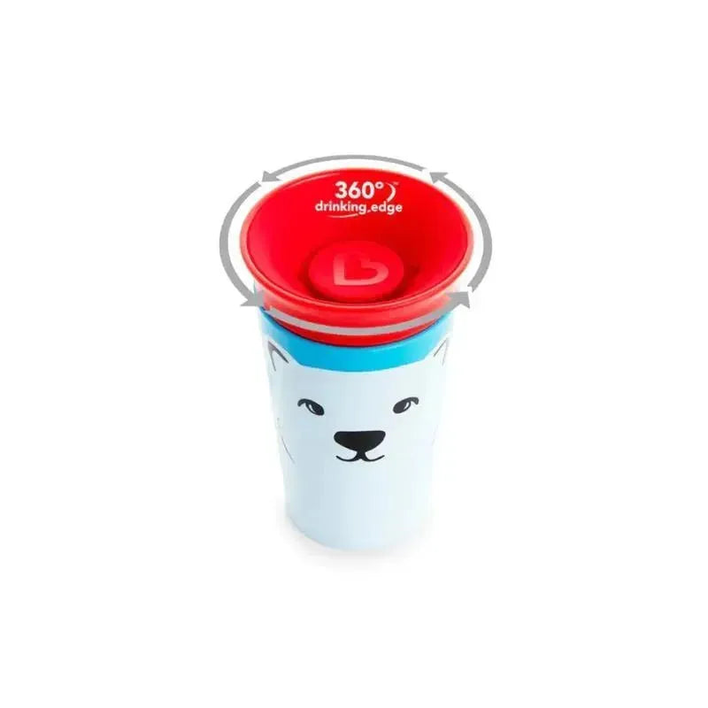 Munchkin Miracle 360° Deco Sippy Cup featuring a polar bear design and a red drinking edge, promoting spill-free sipping.