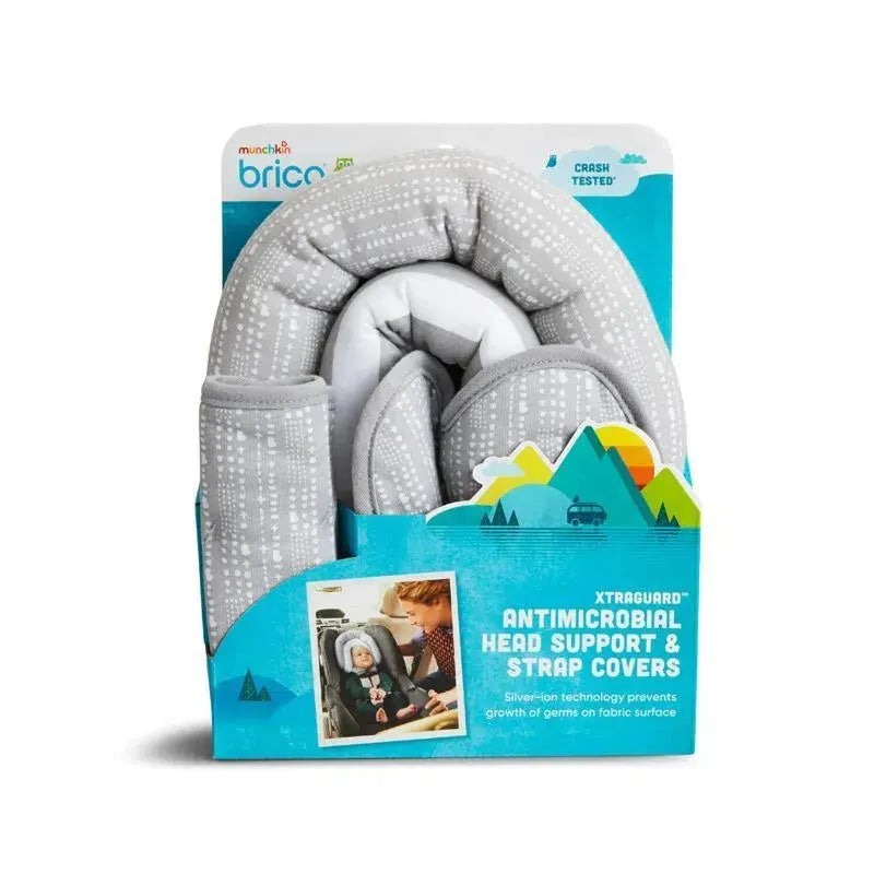 Antimicrobial head support and strap covers for car seats, featuring a gray pattern and packaging with a caregiver and child.
