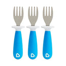 Set of three toddler forks by Munchkin, featuring blue handles and stainless steel tines for easy gripping.