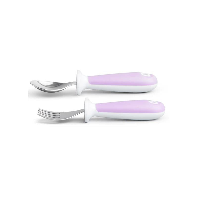 Toddler fork and spoon set from Munchkin, featuring ergonomic purple handles and stainless steel heads.
