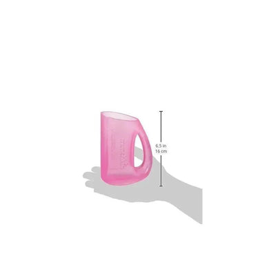 Shampoo rinser in pink, designed for kids, shown in a hand for scale, measures 6.5 inches tall.