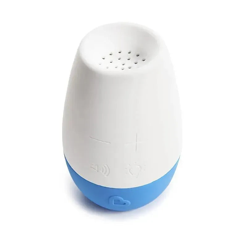 Portable sleep machine with a white top and blue base, featuring sound and light controls for soothing sleep.
