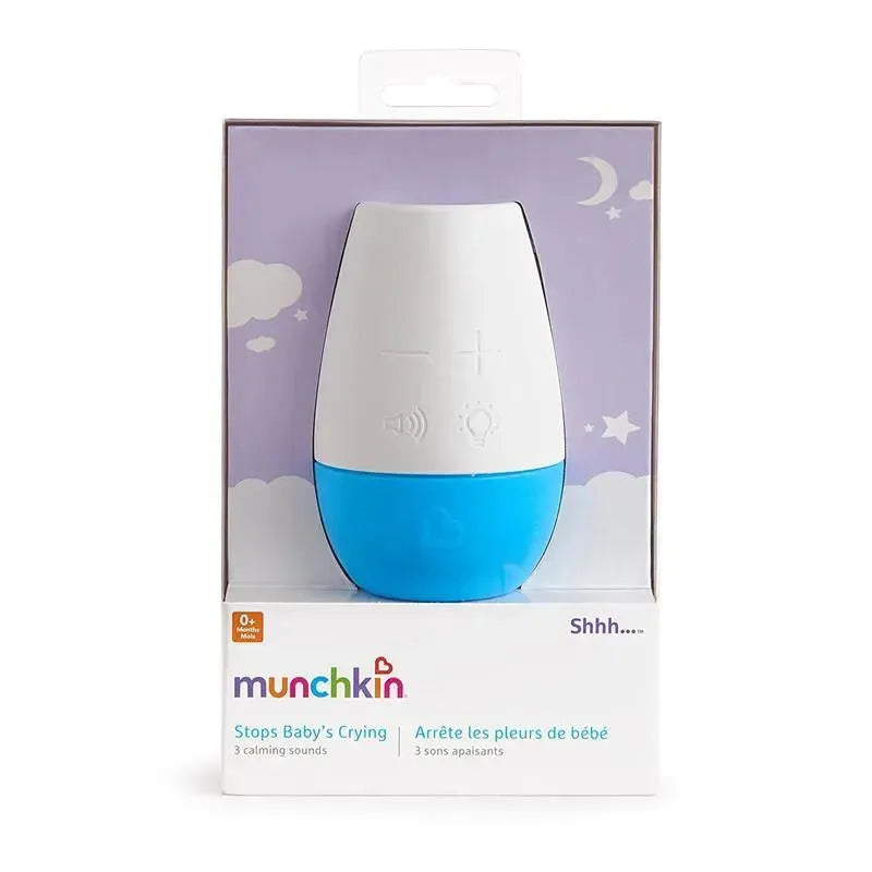 Munchkin Shhh Portable Sleep Machine in white and blue packaging, promoting calm sounds to soothe babies.