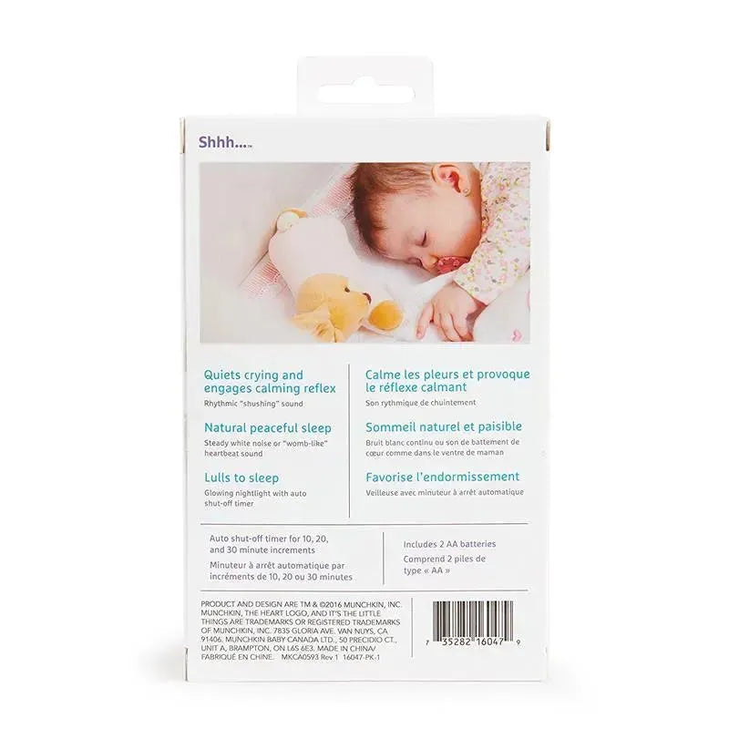 Munchkin Shhh Portable Sleep Machine packaging showing a sleeping baby, soft toy, and features text in English and French.