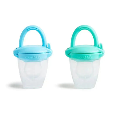 Silicone baby food feeders in blue and mint, designed for infants to safely enjoy solids and purees.