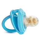 Silicone baby food feeder in blue with a mesh pouch containing pieces of fruit for easy eating by infants.