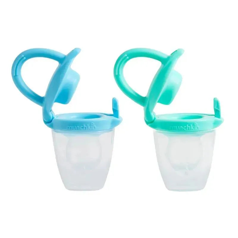 Silicone baby food feeders in blue and mint colors, designed for solids and purees, featuring easy-grip handles.