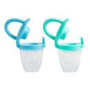Silicone baby food feeders in blue and mint colors, designed for solids and purees, featuring easy-grip handles.