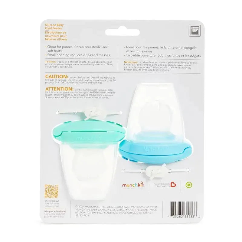 Silicone Baby Food Feeder by Munchkin, two pack in blue and mint, designed for purees and soft foods with instructions on packaging.