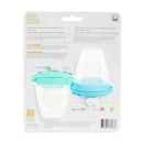 Silicone Baby Food Feeder by Munchkin, two pack in blue and mint, designed for purees and soft foods with instructions on packaging.