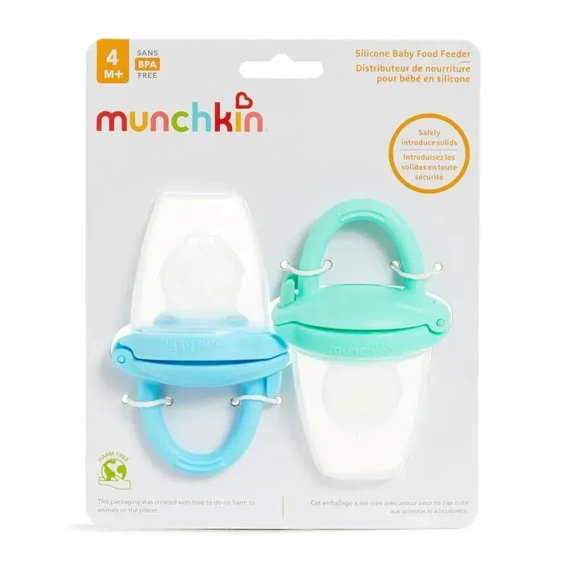 Silicone baby food feeders in blue and mint, designed for introducing solids safely, featuring handles and secure closures.