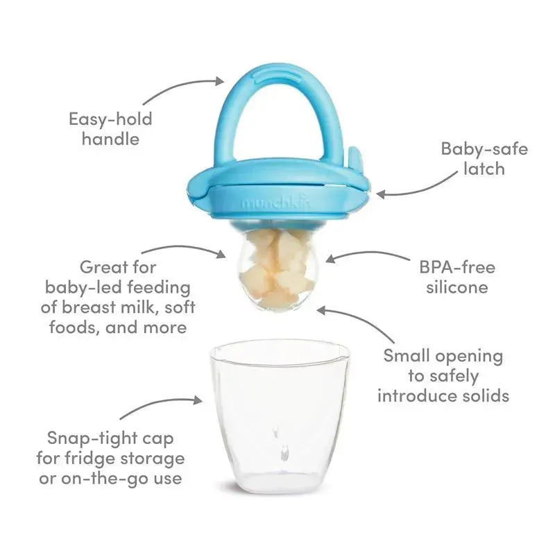 Silicone baby food feeder in blue and mint, featuring easy-hold handle, BPA-free silicone, and snap-tight cap for storage.