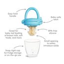 Silicone baby food feeder in blue and mint, featuring easy-hold handle, BPA-free silicone, and snap-tight cap for storage.