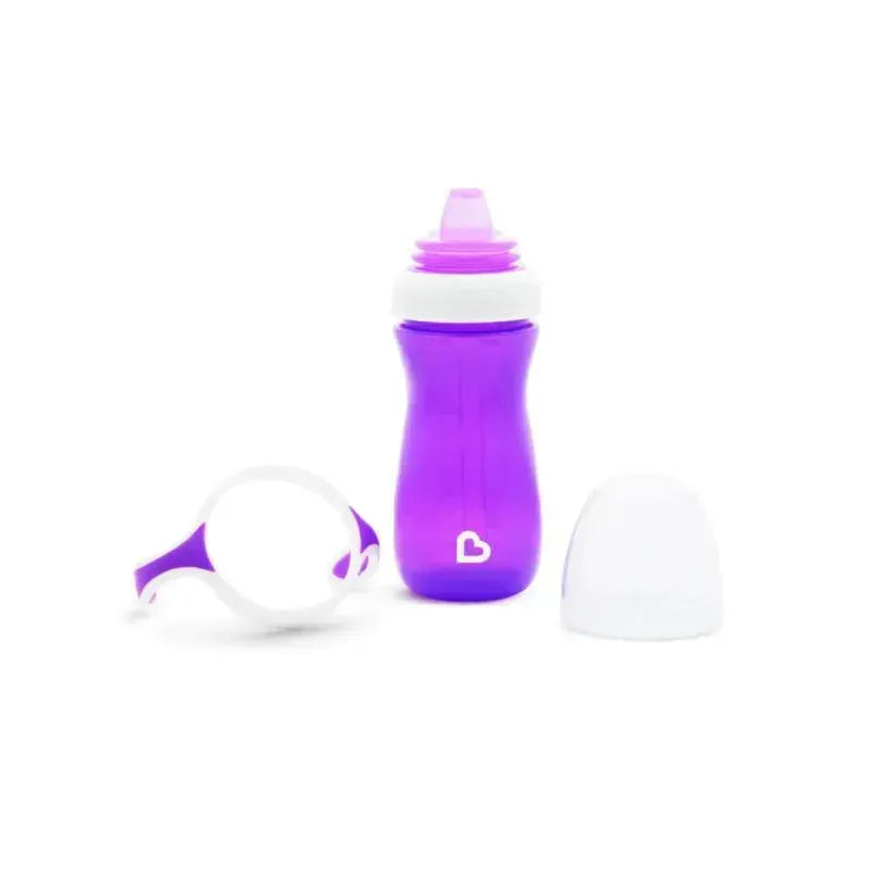 10oz purple Munchkin sippy cup with white lid and removable handles, showcasing its non-slip design for easy gripping.
