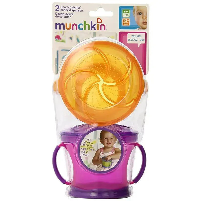 Snack Catcher by Munchkin, featuring two dispensers for easy, spill-free access for children, with an orange top and purple base.