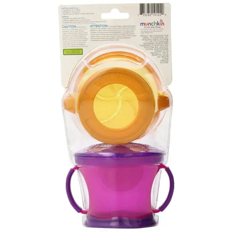 Munchkin Snack Catcher 2-pack in assorted colors with a yellow and purple design for mess-free snacking.