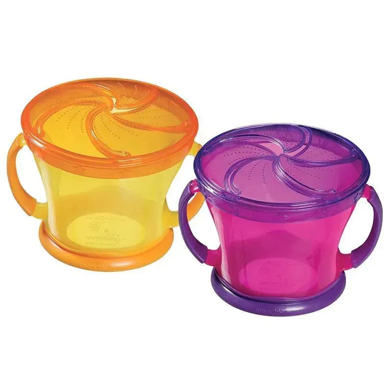 Two colorful Munchkin Snack Catchers in yellow and pink, designed for children to minimize snack spills.