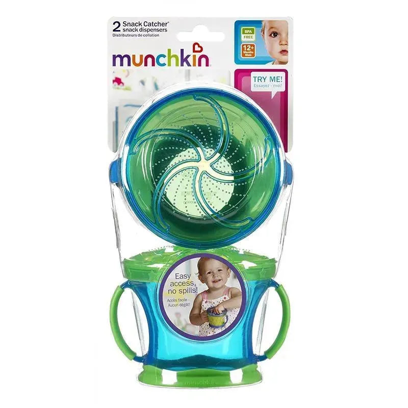 Munchkin Snack Catcher 2-pack, green and blue snack dispensers with spill-proof design and easy access; BPA free.